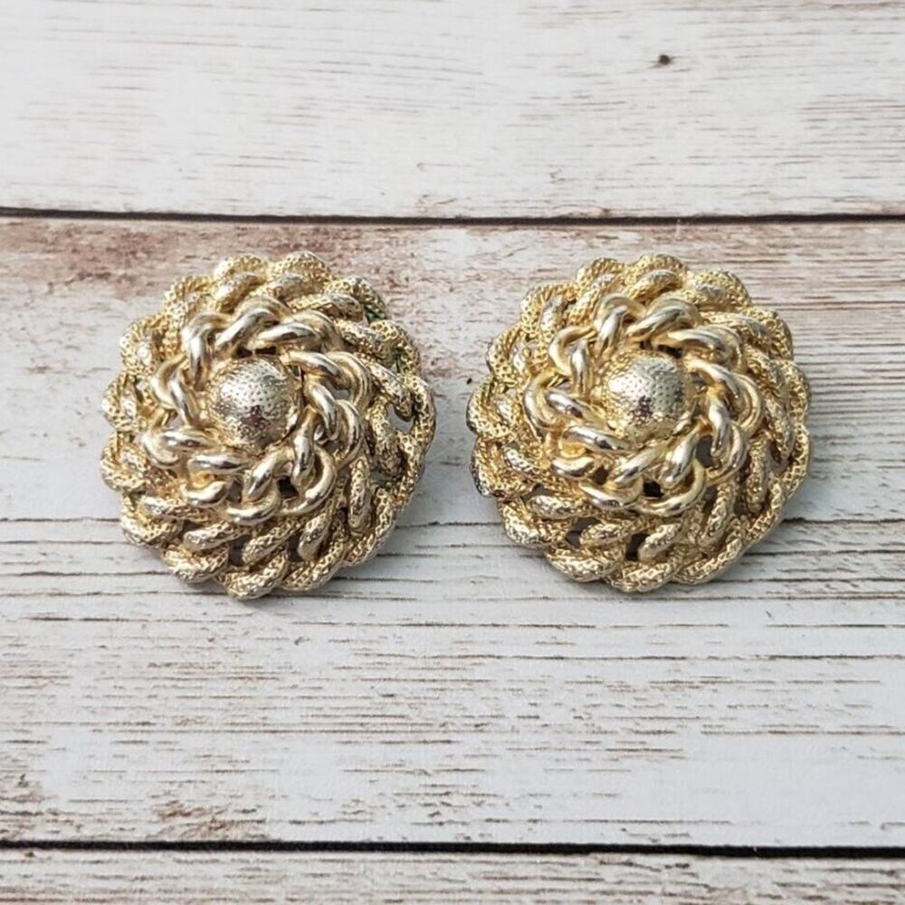 Vintage Clip On Earrings Large Statement Earrings Woven Circle Gold Tone